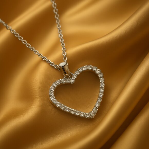 Silver Cubic Zirconia Heart Pendant Necklace – Genuine Sparkling Elegant Jewelry - Picture 1 of 7